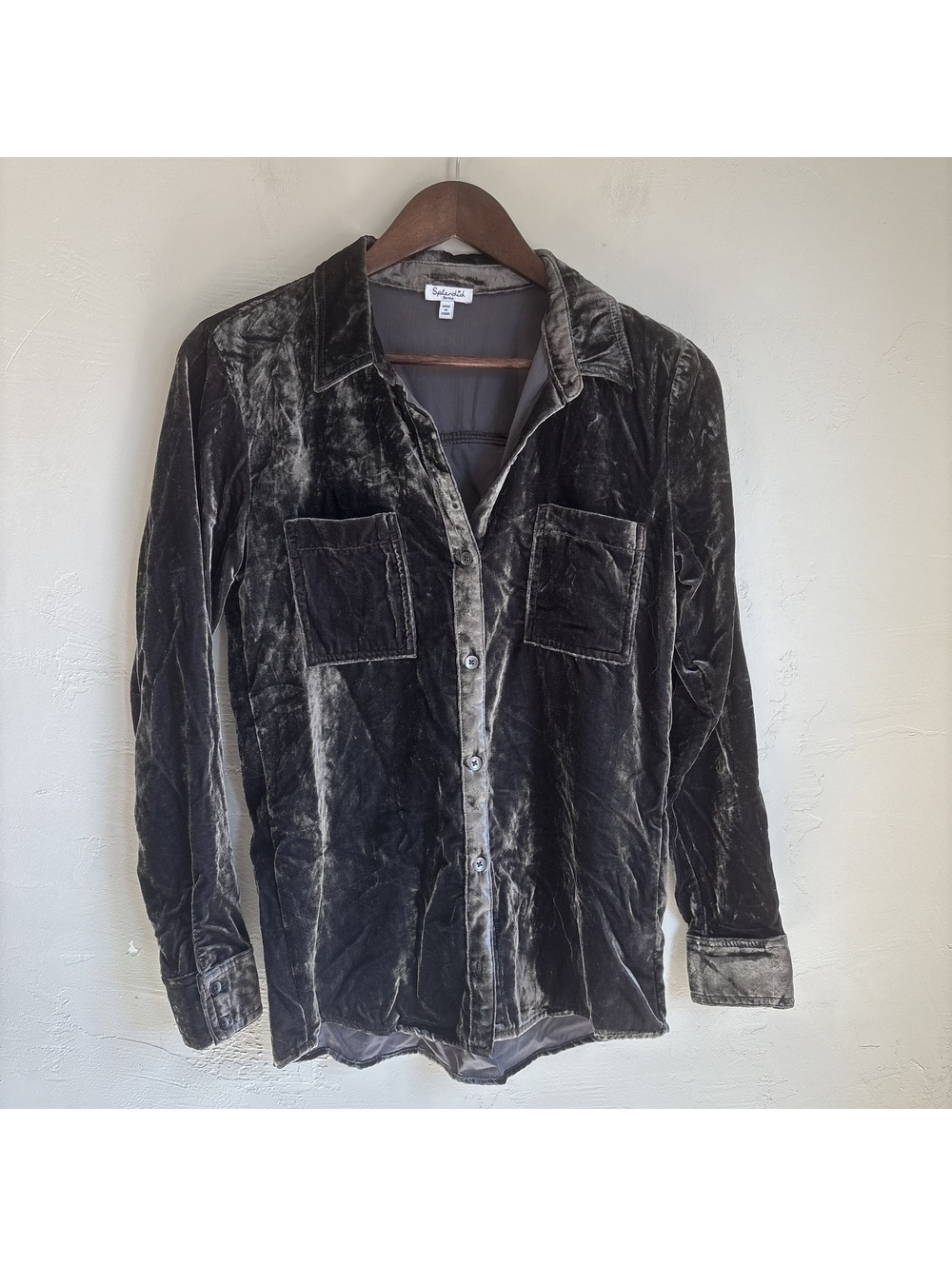 Splendid Charcoal Grey Velvet Long Sleeve Button-Down Top Pocket Blouse Small